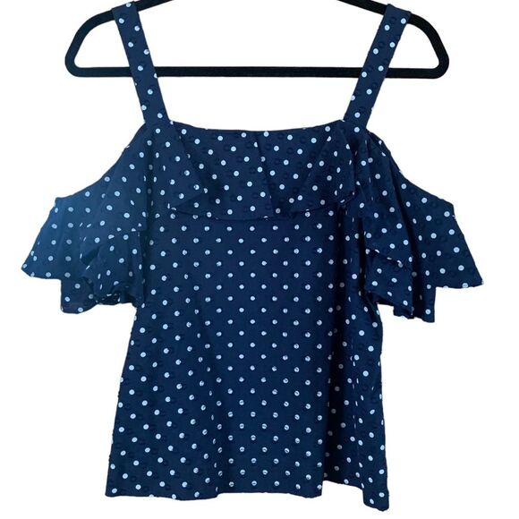 J. Crew Navy/White Polka Dot Ruffled Short Sleeve Cold Shoulder - Picture 5 of 14